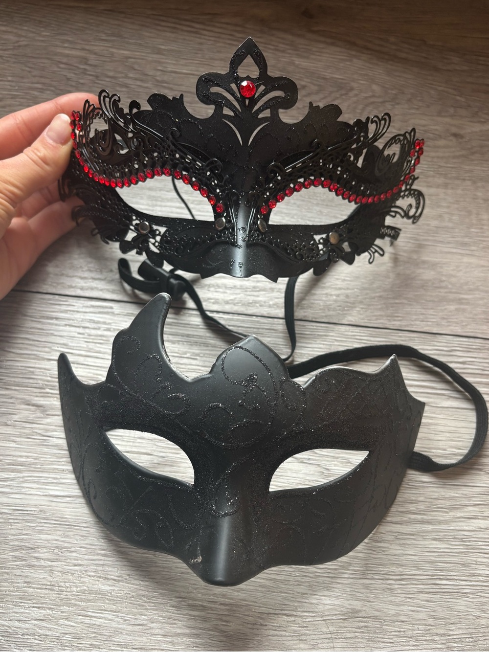 Black Venetian Masquerade Mask Set with Red Rhinestones